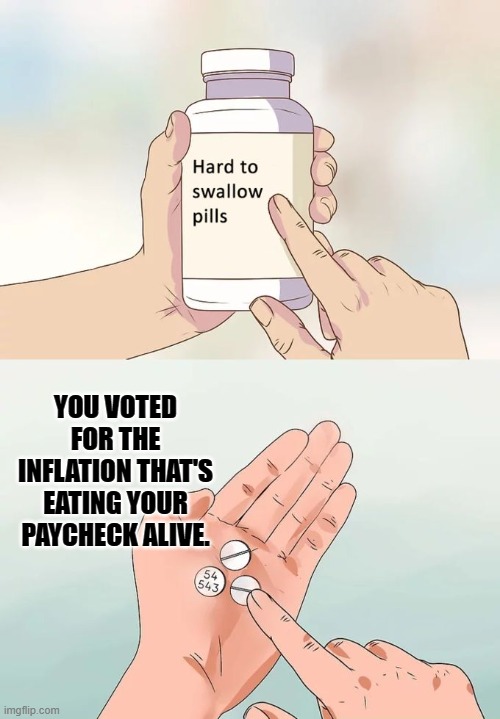 Yep | YOU VOTED FOR THE INFLATION THAT'S EATING YOUR PAYCHECK ALIVE. | image tagged in memes,hard to swallow pills | made w/ Imgflip meme maker