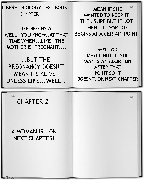 a liberal tries to write a biology book | I MEAN IF SHE WANTED TO KEEP IT THEN SURE BUT IF NOT THEN...IT SORT OF BEGINS AT A CERTAIN POINT; LIBERAL BIOLOGY TEXT BOOK; CHAPTER 1; LIFE BEGINS AT WELL..YOU KNOW..AT THAT TIME WHEN...LIKE..THE MOTHER IS  PREGNANT.... WELL OK MAYBE NOT  IF SHE WANTS AN ABORTION AFTER THAT POINT SO IT DOESN'T. OK NEXT CHAPTER; ..BUT THE PREGNANCY DOESN'T MEAN ITS ALIVE! UNLESS LIKE...WELL.. CHAPTER 2; A WOMAN IS...OK NEXT CHAPTER! | image tagged in blank book | made w/ Imgflip meme maker