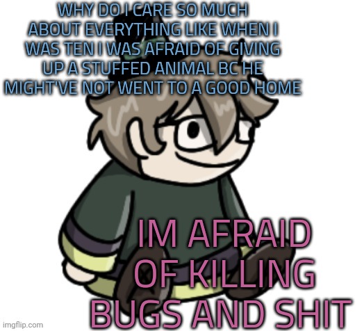 oh i have a fear of dead bodies for some reason | WHY DO I CARE SO MUCH ABOUT EVERYTHING LIKE WHEN I WAS TEN I WAS AFRAID OF GIVING UP A STUFFED ANIMAL BC HE MIGHT'VE NOT WENT TO A GOOD HOME; IM AFRAID OF KILLING BUGS AND SHIT | image tagged in cracker | made w/ Imgflip meme maker