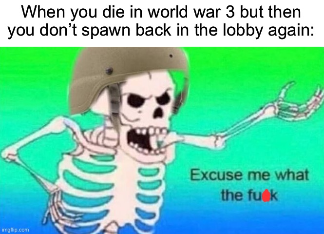 When you die in world war 3 but then you don’t spawn back in the lobby again: | image tagged in memes,funny,gaming | made w/ Imgflip meme maker