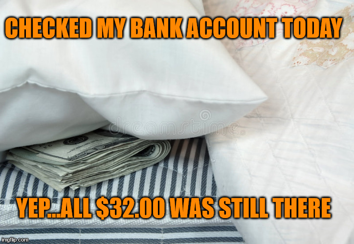CHECKED MY BANK ACCOUNT TODAY; YEP...ALL $32.00 WAS STILL THERE | image tagged in banks,money | made w/ Imgflip meme maker
