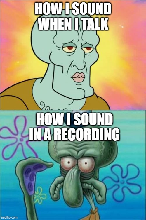 Squidward Meme | HOW I SOUND WHEN I TALK; HOW I SOUND IN A RECORDING | image tagged in memes,squidward,voice,record,sound,noise | made w/ Imgflip meme maker