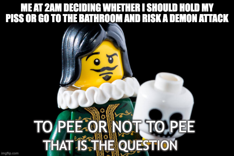 to pee or not to pee | ME AT 2AM DECIDING WHETHER I SHOULD HOLD MY PISS OR GO TO THE BATHROOM AND RISK A DEMON ATTACK; TO PEE OR NOT TO PEE; THAT IS THE QUESTION | image tagged in to be or not to be | made w/ Imgflip meme maker