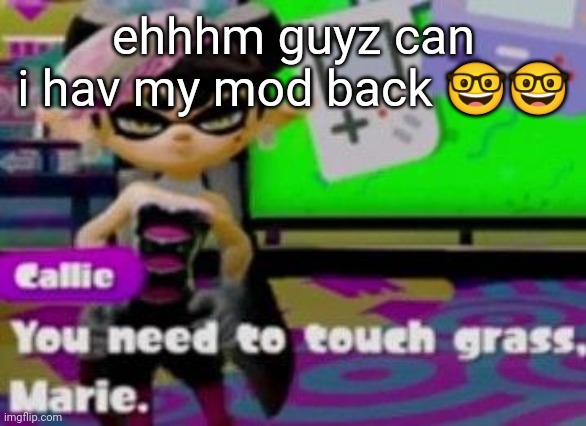 touch grass | ehhhm guyz can i hav my mod back 🤓🤓 | image tagged in touch grass | made w/ Imgflip meme maker