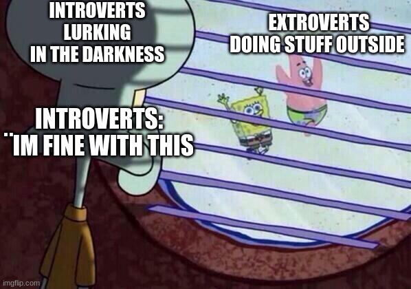 The life of introverts and extroverts. | INTROVERTS LURKING IN THE DARKNESS; EXTROVERTS DOING STUFF OUTSIDE; INTROVERTS: ¨IM FINE WITH THIS | image tagged in squidward window | made w/ Imgflip meme maker