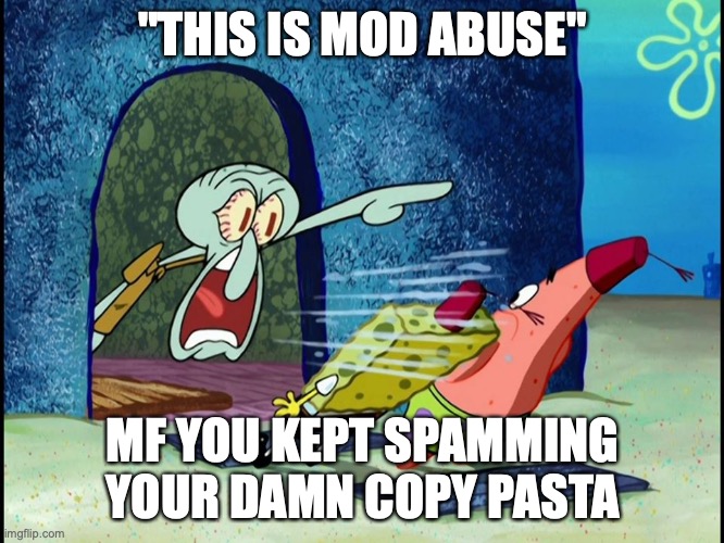 Squidward Screaming | "THIS IS MOD ABUSE"; MF YOU KEPT SPAMMING YOUR DAMN COPY PASTA | image tagged in squidward screaming | made w/ Imgflip meme maker
