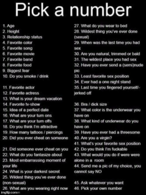 Ask me anything! | image tagged in pick a number | made w/ Imgflip meme maker