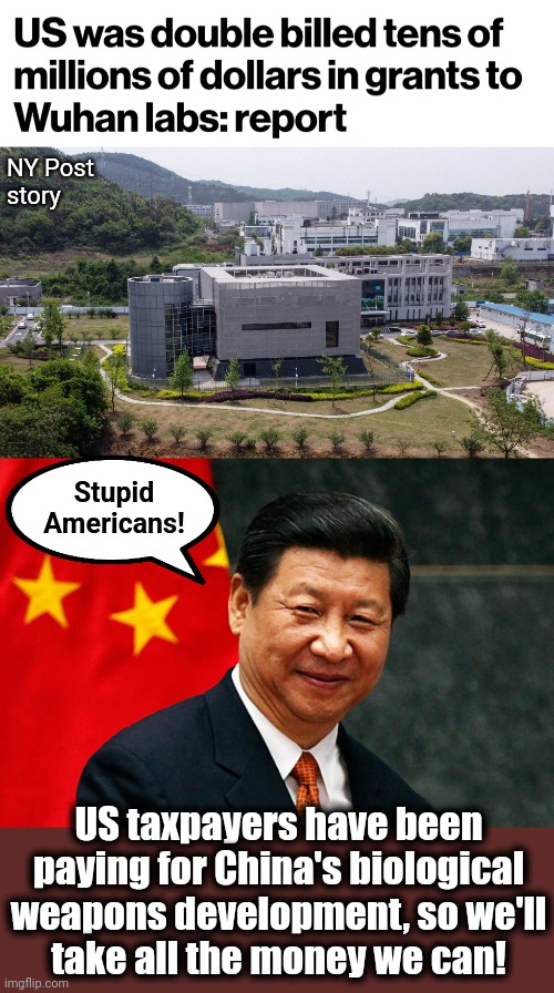 Brought to you by the treasonous NIH | NY Post
story; Stupid
Americans! US taxpayers have been
paying for China's biological
weapons development, so we'll
take all the money we can! | image tagged in xi jinping,memes,china,covid-19,viral weapons development,nih | made w/ Imgflip meme maker