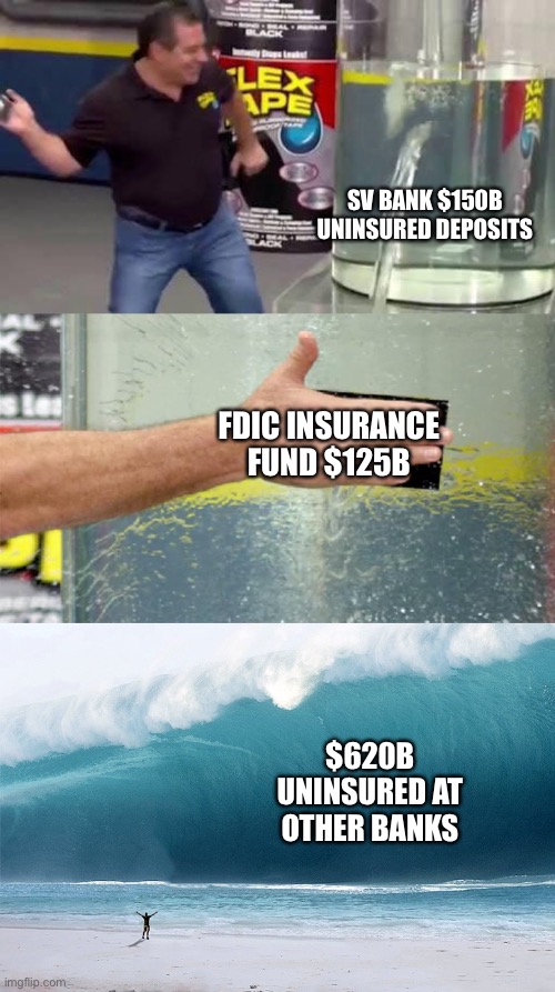 The Fed created this nightmare by raising rates too high too fast, causing bank bond assets to be devalued. | SV BANK $150B UNINSURED DEPOSITS; FDIC INSURANCE FUND $125B; $620B UNINSURED AT OTHER BANKS | image tagged in flex tape,sv bank,bank run,uninsured deposits,bond losses | made w/ Imgflip meme maker