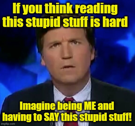 confused Tucker carlson | If you think reading this stupid stuff is hard Imagine being ME and having to SAY this stupid stuff! | image tagged in confused tucker carlson | made w/ Imgflip meme maker