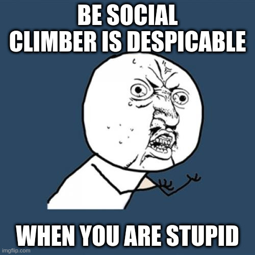 social climber | BE SOCIAL CLIMBER IS DESPICABLE; WHEN YOU ARE STUPID | image tagged in memes,y u no | made w/ Imgflip meme maker