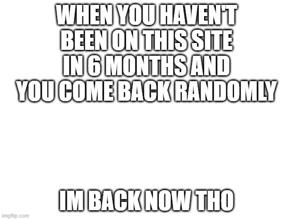 uhhh hi again | WHEN YOU HAVEN'T BEEN ON THIS SITE IN 6 MONTHS AND YOU COME BACK RANDOMLY; IM BACK NOW THO | image tagged in random | made w/ Imgflip meme maker
