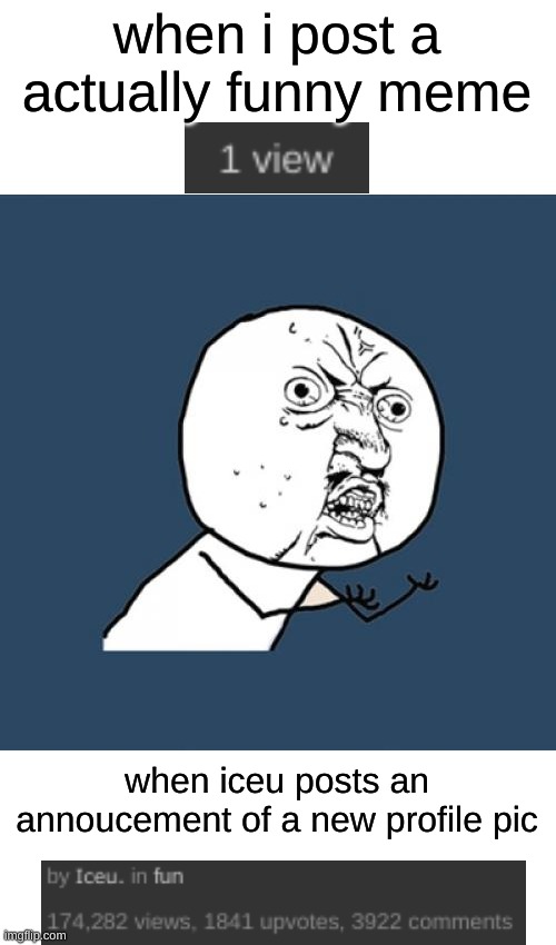 Y U No Meme | when i post a actually funny meme; when iceu posts an annoucement of a new profile pic | image tagged in memes,y u no | made w/ Imgflip meme maker