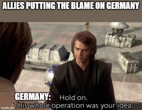 Hold on this whole operation was your idea | ALLIES PUTTING THE BLAME ON GERMANY; GERMANY: | image tagged in hold on this whole operation was your idea | made w/ Imgflip meme maker
