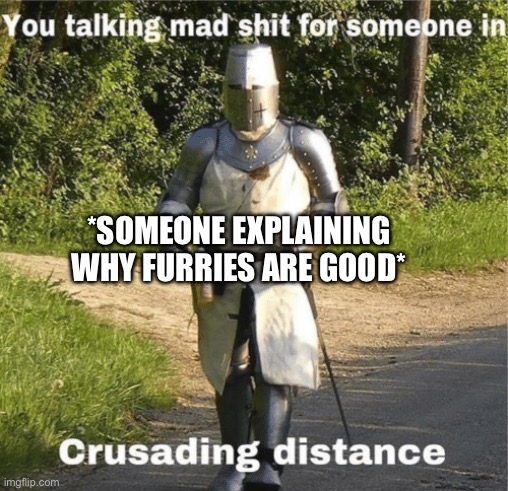 You talking mad shit for someone in crusading distance | *SOMEONE EXPLAINING WHY FURRIES ARE GOOD* | image tagged in you talking mad shit for someone in crusading distance | made w/ Imgflip meme maker