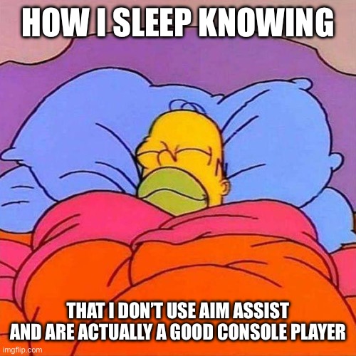 No aim assist here! | HOW I SLEEP KNOWING; THAT I DON’T USE AIM ASSIST AND ARE ACTUALLY A GOOD CONSOLE PLAYER | image tagged in homer simpson | made w/ Imgflip meme maker