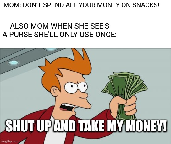 Fryyy | MOM: DON'T SPEND ALL YOUR MONEY ON SNACKS! ALSO MOM WHEN SHE SEE'S A PURSE SHE'LL ONLY USE ONCE:; SHUT UP AND TAKE MY MONEY! | image tagged in memes,shut up and take my money fry,bruh moment,mom | made w/ Imgflip meme maker