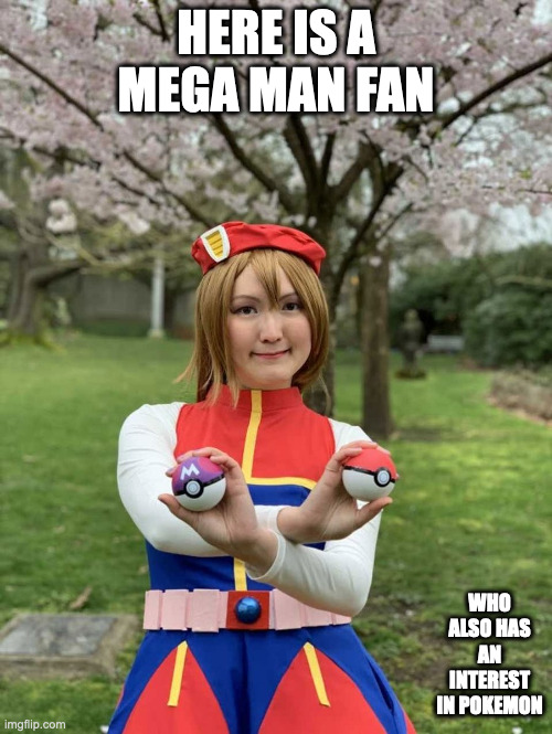 Mega Man X Iris Cosplayer WIth Pokeballs | HERE IS A MEGA MAN FAN; WHO ALSO HAS AN INTEREST IN POKEMON | image tagged in pokemon,megaman,megaman x,iris,memes,cosplay | made w/ Imgflip meme maker