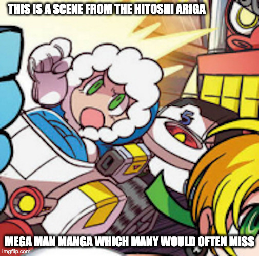 Ice Man on Racecar | THIS IS A SCENE FROM THE HITOSHI ARIGA; MEGA MAN MANGA WHICH MANY WOULD OFTEN MISS | image tagged in megaman,iceman,memes | made w/ Imgflip meme maker