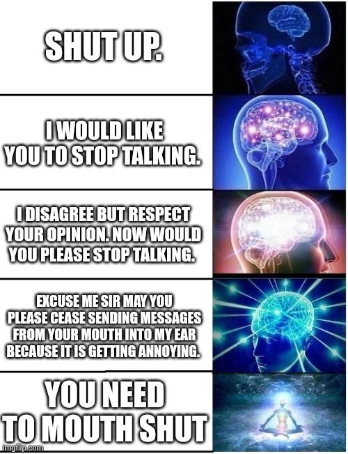 You need to mouth shut | SHUT UP. I WOULD LIKE YOU TO STOP TALKING. I DISAGREE BUT RESPECT YOUR OPINION. NOW WOULD YOU PLEASE STOP TALKING. EXCUSE ME SIR MAY YOU PLEASE CEASE SENDING MESSAGES FROM YOUR MOUTH INTO MY EAR BECAUSE IT IS GETTING ANNOYING. YOU NEED TO MOUTH SHUT | image tagged in expanding brain 5 panel | made w/ Imgflip meme maker