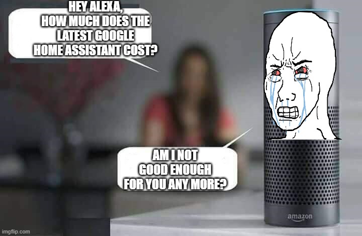 alexa is being replaced | HEY ALEXA, HOW MUCH DOES THE LATEST GOOGLE HOME ASSISTANT COST? AM I NOT GOOD ENOUGH FOR YOU ANY MORE? | image tagged in alexa do x | made w/ Imgflip meme maker
