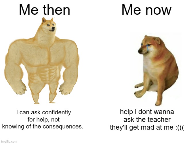 Me then: Me Now: | Me then; Me now; I can ask confidently for help, not knowing of the consequences. help i dont wanna ask the teacher they'll get mad at me :((( | image tagged in memes,buff doge vs cheems | made w/ Imgflip meme maker
