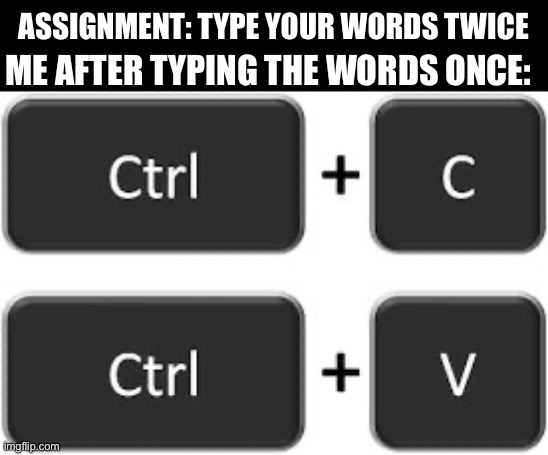 Ctrl + C Ctrl + V | ASSIGNMENT: TYPE YOUR WORDS TWICE ME AFTER TYPING THE WORDS ONCE: | image tagged in ctrl c ctrl v | made w/ Imgflip meme maker
