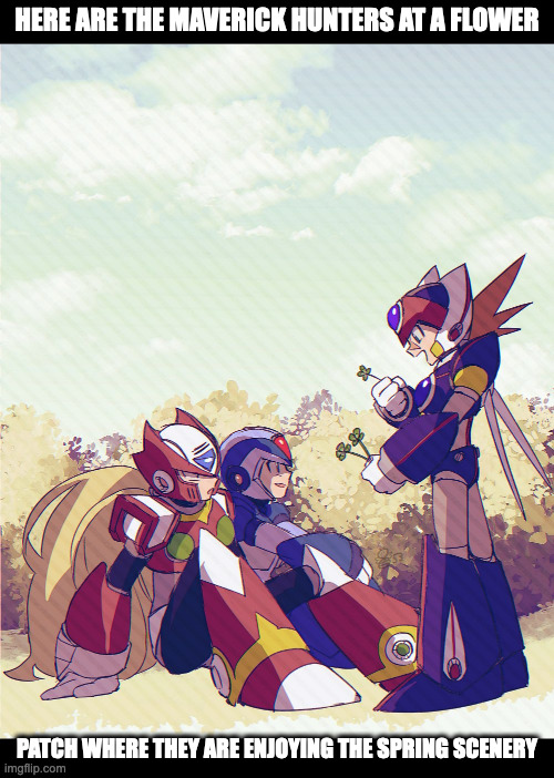 Maverick Hunters in the Spring | HERE ARE THE MAVERICK HUNTERS AT A FLOWER; PATCH WHERE THEY ARE ENJOYING THE SPRING SCENERY | image tagged in megaman,megaman x,x,zero,axl,memes | made w/ Imgflip meme maker