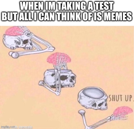 Why my brain do dis? | WHEN IM TAKING A TEST BUT ALL I CAN THINK OF IS MEMES | image tagged in skeleton shut up meme | made w/ Imgflip meme maker