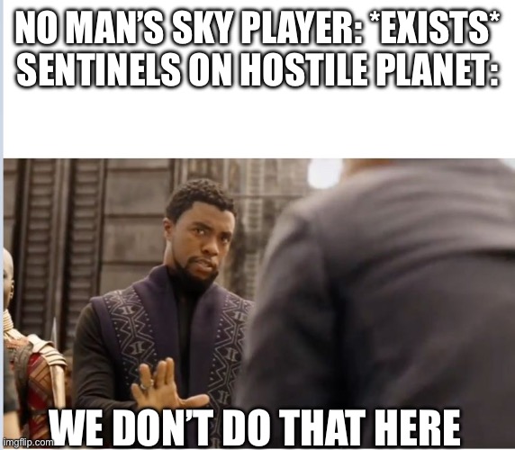 Nms | NO MAN’S SKY PLAYER: *EXISTS*
SENTINELS ON HOSTILE PLANET:; WE DON’T DO THAT HERE | image tagged in we don't do that here | made w/ Imgflip meme maker