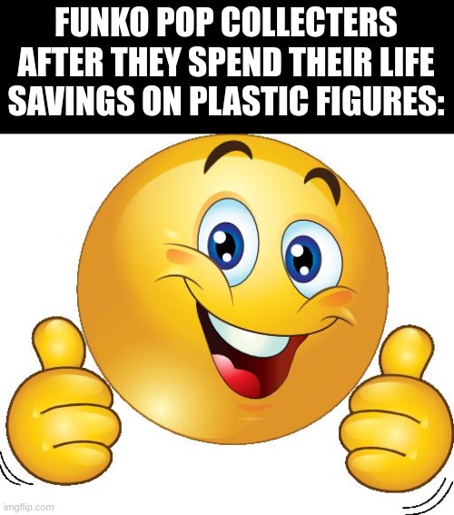 Thumbs up emoji | FUNKO POP COLLECTERS AFTER THEY SPEND THEIR LIFE SAVINGS ON PLASTIC FIGURES: | image tagged in thumbs up emoji | made w/ Imgflip meme maker