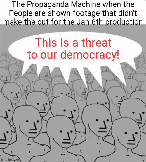 "They aren't allowed to see that!" | The Propaganda Machine when the People are shown footage that didn't make the cut for the Jan 6th production; This is a threat to our democracy! | image tagged in npcprogramscreed,democrats,biden,msm | made w/ Imgflip meme maker
