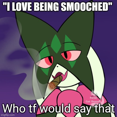 Don't say me | "I LOVE BEING SMOOCHED"; Who tf would say that | image tagged in meowscarada smoking | made w/ Imgflip meme maker