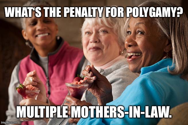 Penalty for polygamy | WHAT‘S THE PENALTY FOR POLYGAMY? MULTIPLE MOTHERS-IN-LAW. | image tagged in mothers in law,penalty for polygamy,multiple mothers in law | made w/ Imgflip meme maker