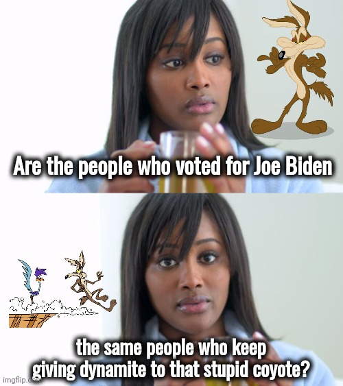 Black Woman Drinking Tea (2 Panels) | Are the people who voted for Joe Biden the same people who keep giving dynamite to that stupid coyote? | image tagged in black woman drinking tea 2 panels | made w/ Imgflip meme maker