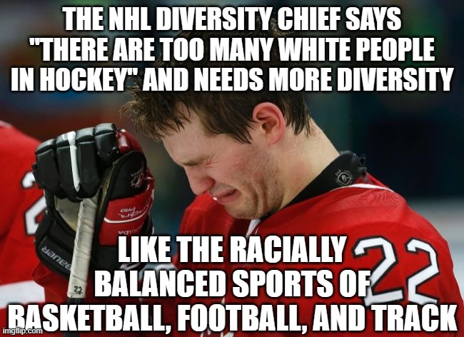 sad hockey player | THE NHL DIVERSITY CHIEF SAYS "THERE ARE TOO MANY WHITE PEOPLE IN HOCKEY" AND NEEDS MORE DIVERSITY; LIKE THE RACIALLY BALANCED SPORTS OF BASKETBALL, FOOTBALL, AND TRACK | image tagged in sad hockey player | made w/ Imgflip meme maker