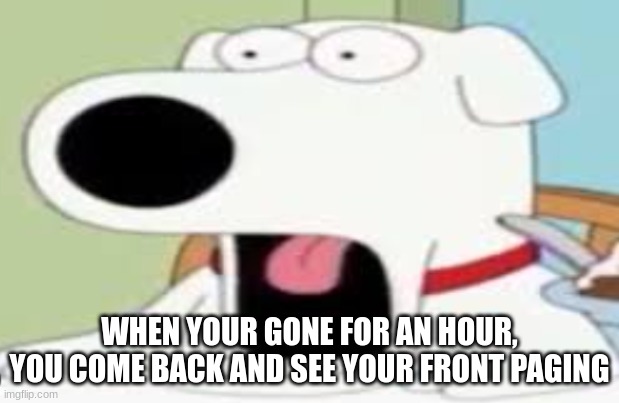fr | WHEN YOUR GONE FOR AN HOUR, YOU COME BACK AND SEE YOUR FRONT PAGING | image tagged in front page memes,family guy,family guy brian | made w/ Imgflip meme maker