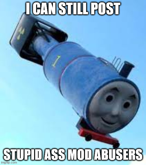 We deadass don’t care | I CAN STILL POST; STUPID ASS MOD ABUSERS | image tagged in thomas the thermonuclear bomb | made w/ Imgflip meme maker