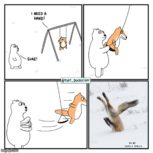 image tagged in polar bear,fox,swing,snow,faceplant | made w/ Imgflip meme maker