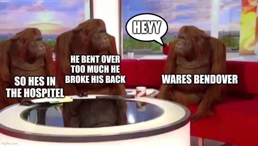 where monkey | HEYY; HE BENT OVER TOO MUCH HE BROKE HIS BACK; WARES BENDOVER; SO HES IN THE HOSPITEL | image tagged in where monkey | made w/ Imgflip meme maker