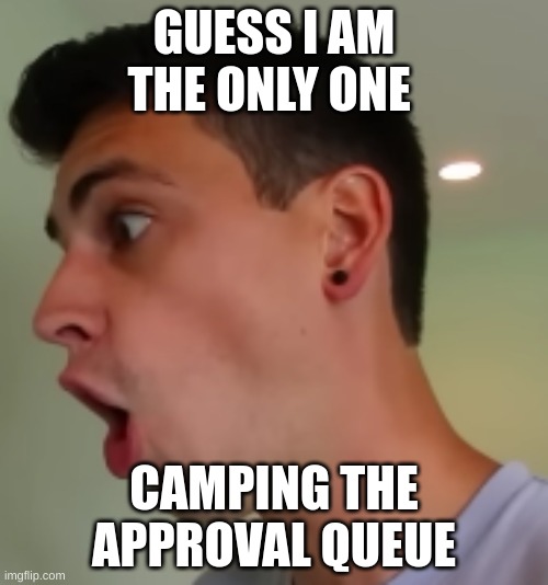 Pog | GUESS I AM THE ONLY ONE; CAMPING THE APPROVAL QUEUE | image tagged in pog | made w/ Imgflip meme maker