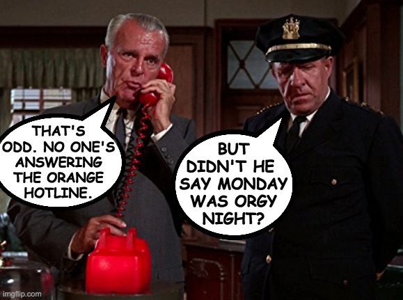 THAT'S
ODD. NO ONE'S
ANSWERING
THE ORANGE
HOTLINE. BUT
DIDN'T HE 
SAY MONDAY
WAS ORGY
NIGHT? | made w/ Imgflip meme maker