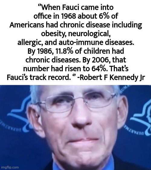 Add mass murderer to that track record. | ‘’When Fauci came into office in 1968 about 6% of Americans had chronic disease including obesity, neurological, allergic, and auto-immune diseases. By 1986, 11.8% of children had chronic diseases. By 2006, that number had risen to 64%. That’s Fauci’s track record. ‘’ -Robert F Kennedy Jr | image tagged in memes | made w/ Imgflip meme maker