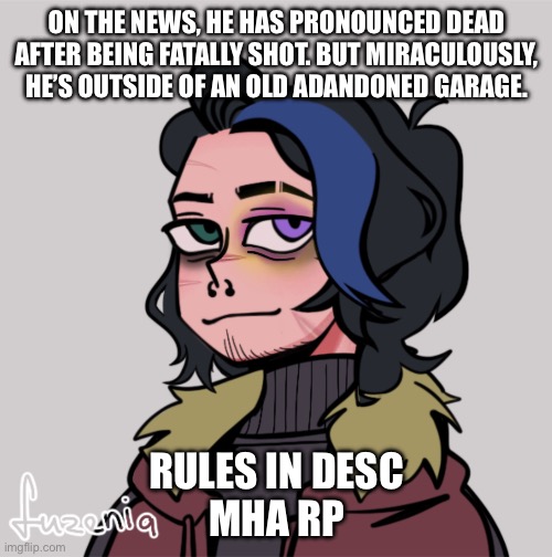 no nsfw, if romance male preferred, no joke or bambi ocs, no erp, can use characters from MHA [TW FOR SUICIDE, SLIGHT GORE, AND  | ON THE NEWS, HE HAS PRONOUNCED DEAD AFTER BEING FATALLY SHOT. BUT MIRACULOUSLY, HE’S OUTSIDE OF AN OLD ADANDONED GARAGE. RULES IN DESC
MHA RP | made w/ Imgflip meme maker