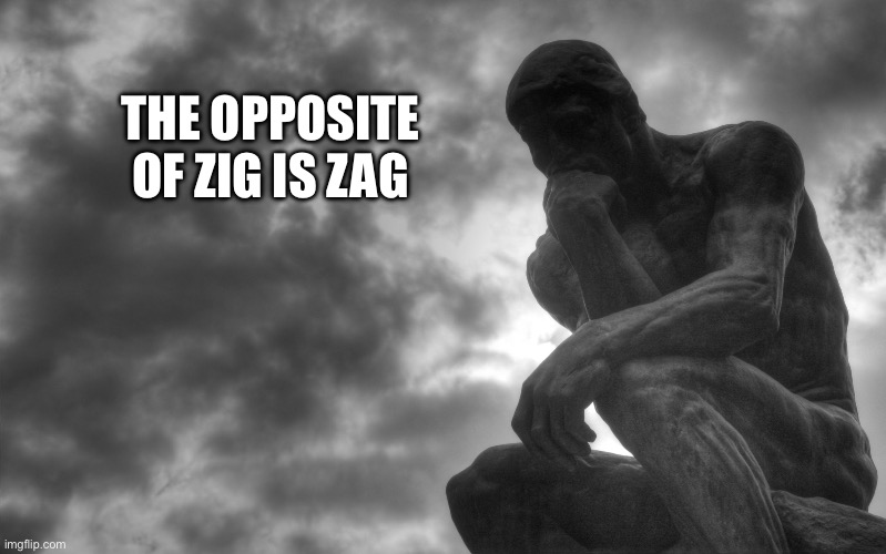 Zagging and Zigging | THE OPPOSITE OF ZIG IS ZAG | image tagged in thinking man | made w/ Imgflip meme maker
