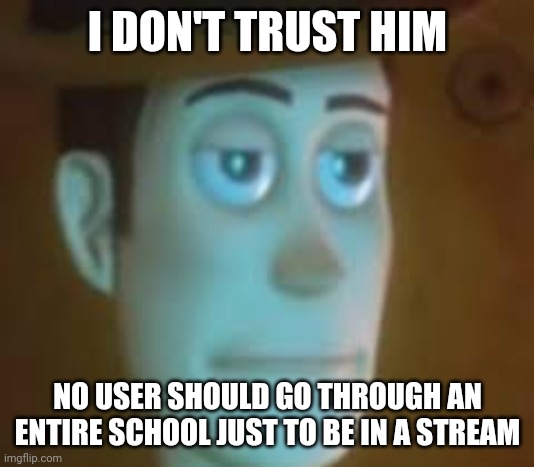 disappointed woody | I DON'T TRUST HIM NO USER SHOULD GO THROUGH AN ENTIRE SCHOOL JUST TO BE IN A STREAM | image tagged in disappointed woody | made w/ Imgflip meme maker