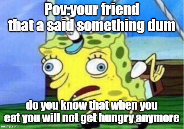 pov: your friend that have 0 iq tell you something that they think is smart | Pov:your friend that a said something dum; do you know that when you eat you will not get hungry anymore | image tagged in memes,mocking spongebob | made w/ Imgflip meme maker