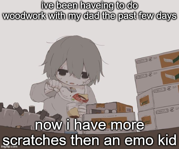 Avogado6 depression | ive been haveing to do woodwork with my dad the past few days; now i have more scratches then an emo kid | image tagged in avogado6 depression | made w/ Imgflip meme maker