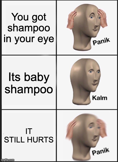 . | You got shampoo in your eye; Its baby shampoo; IT STILL HURTS | image tagged in memes,panik kalm panik | made w/ Imgflip meme maker