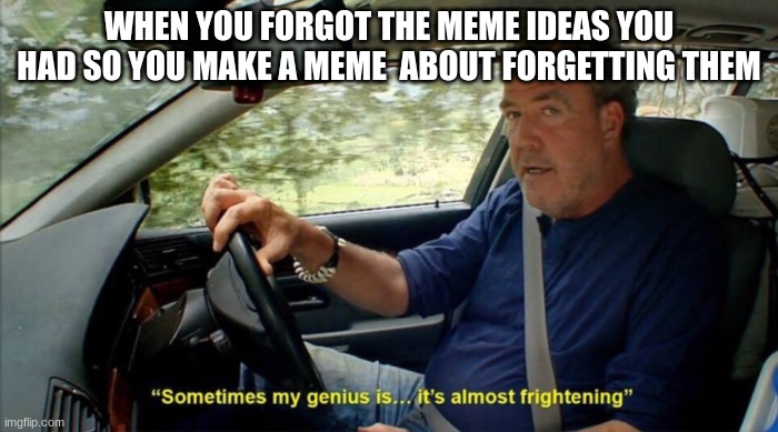 And then you make a meme about making a meme about forgetting the memes | WHEN YOU FORGOT THE MEME IDEAS YOU HAD SO YOU MAKE A MEME  ABOUT FORGETTING THEM | image tagged in sometimes my genius is it's almost frightening | made w/ Imgflip meme maker